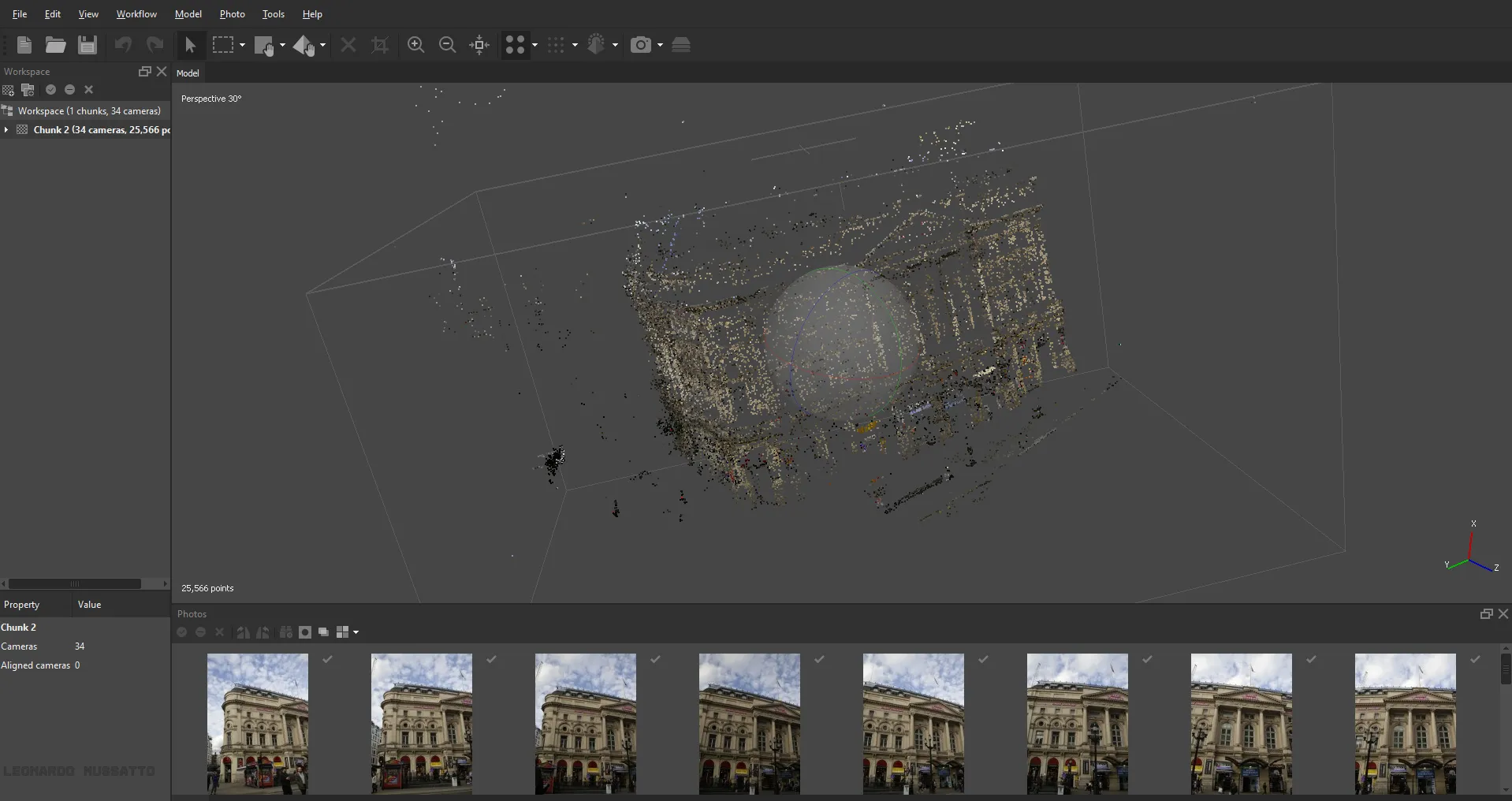 Metashape viewport displying the point cloud of a scanned palace