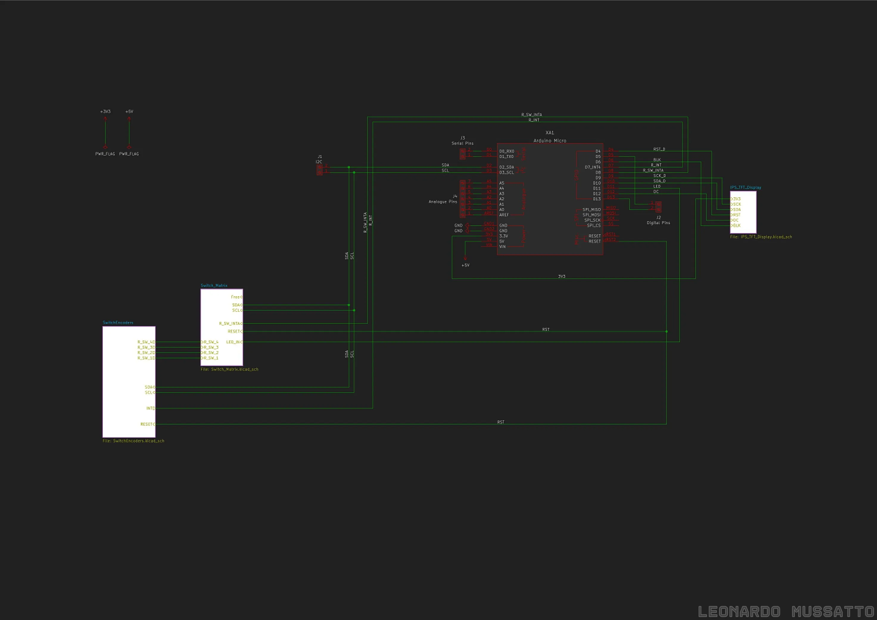 Schematic of the connections between the main Arduino Micro board and the switch matrix, encoder group, and display