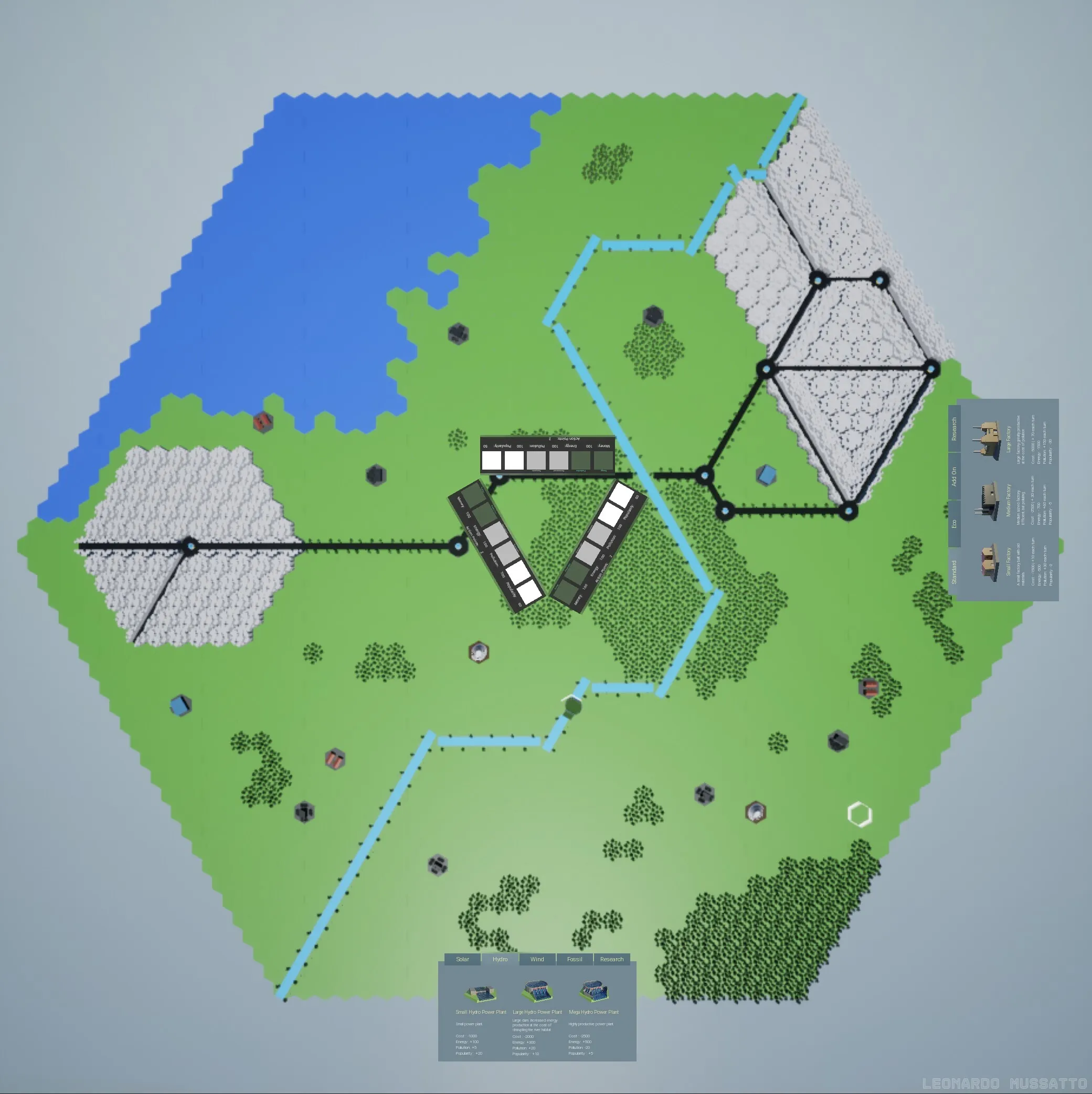 Top down view of the board with the initial map loaded and 2 of the build menus open