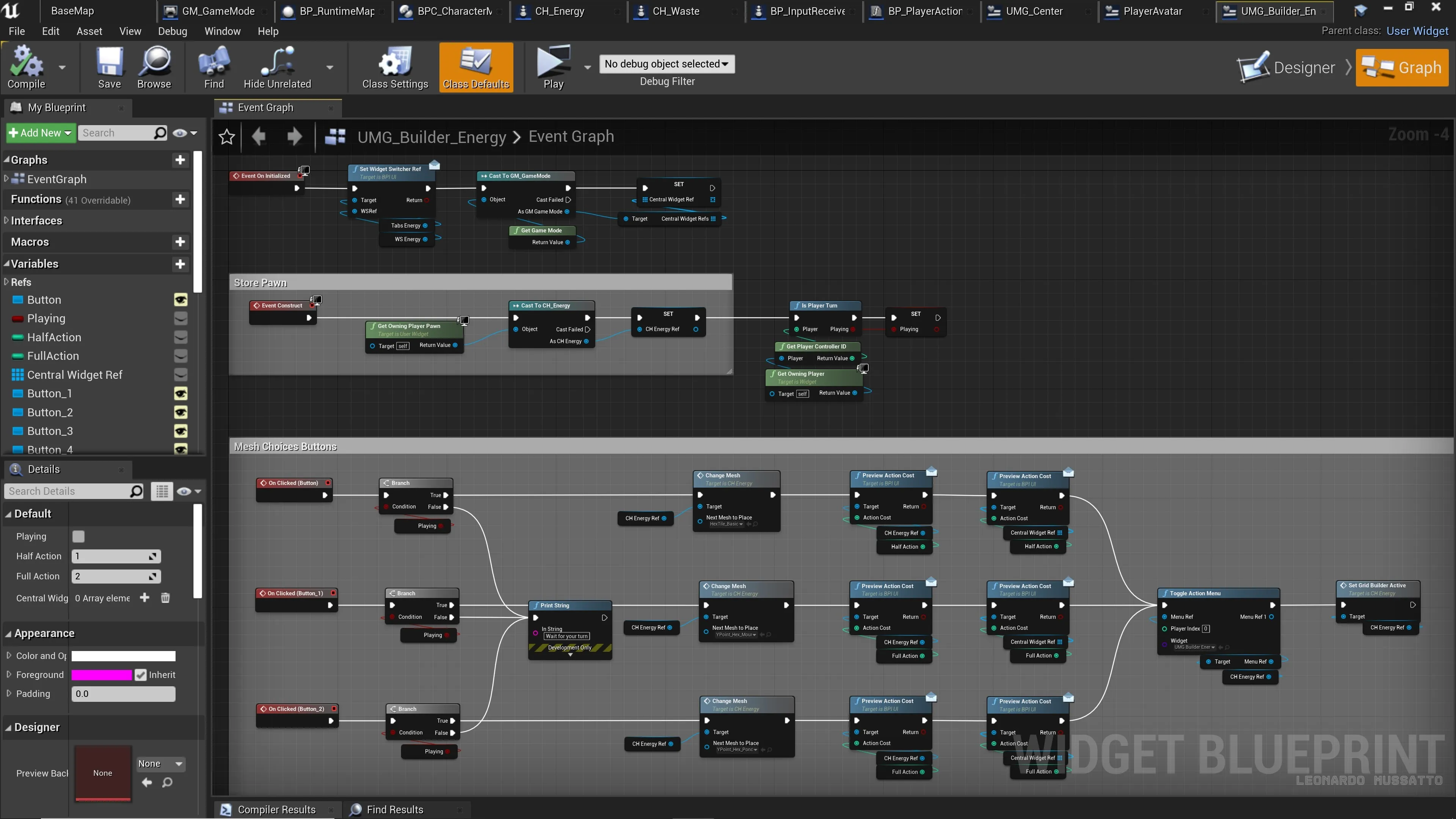 Unreal Engine Widget Event Graph for the actions avalable to the player