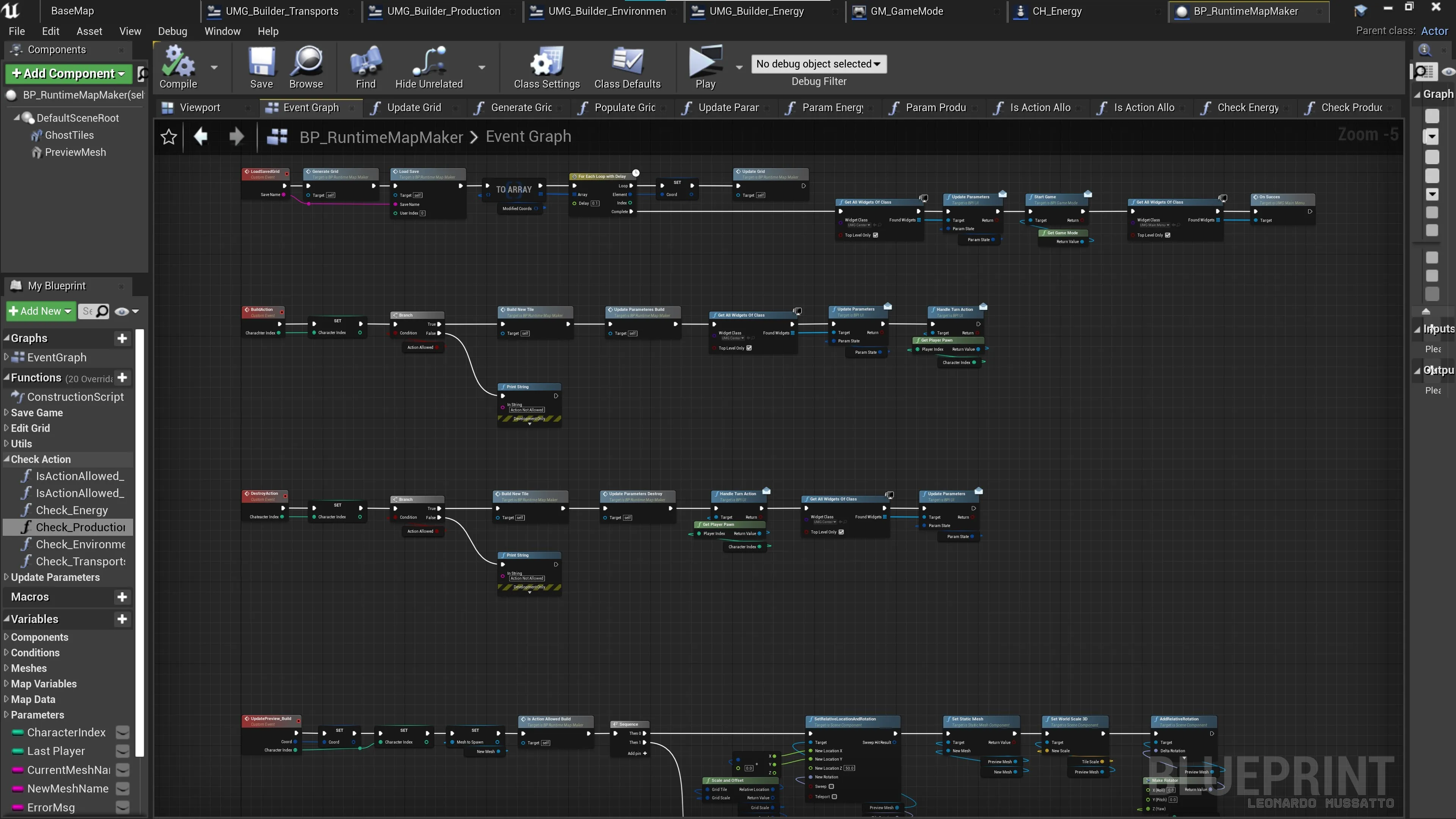Unreal Engine Blueprint controlling grid generation, tile building and destruction